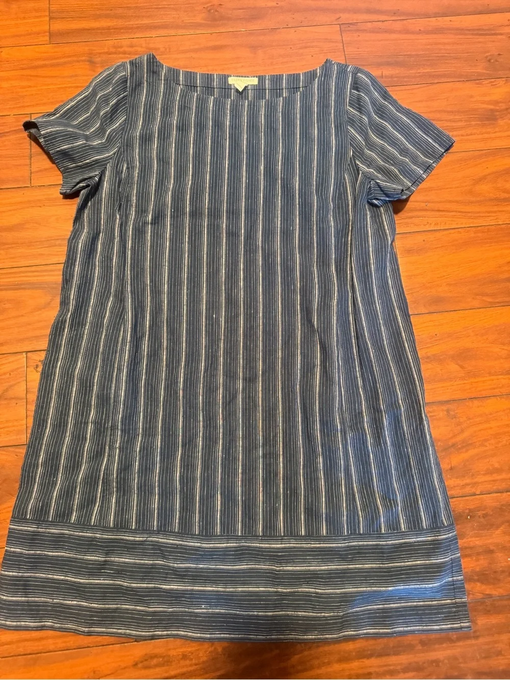 Eileen Fisher Navy and White Striped Short Sleeve Shift Dress - Picture 2 of 8
